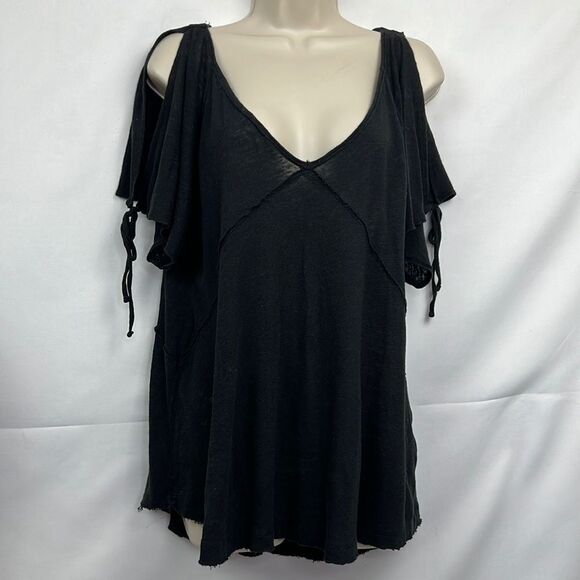 Free People Black short sleeve deep bee tunic top size small EUC - Picture 1 of 11
